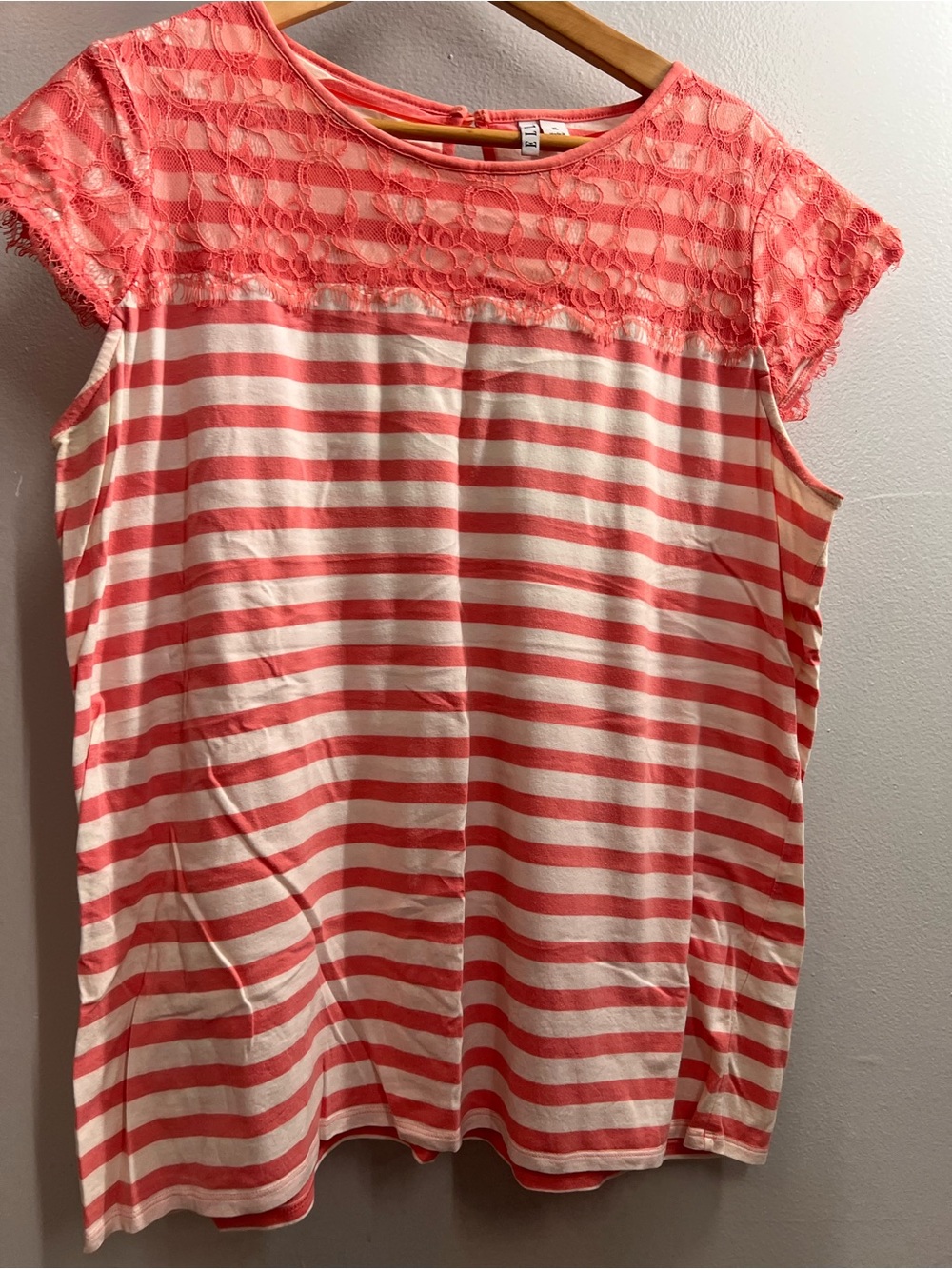Elle Coral and White Striped Lace Yoke Cap Sleeve Top